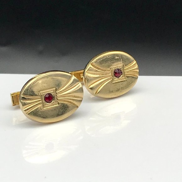 Vintage Oval Cuff Links, Dapper Gold Tone with Red Accent Crystal, Gift for Him - Picture 3 of 5